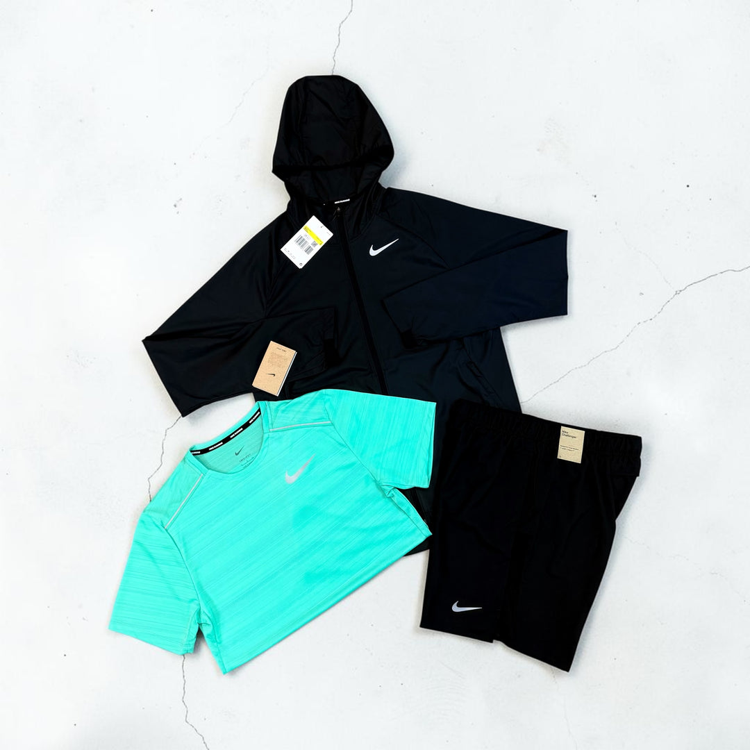 NIKE WINDRUNNER, MILER T-SHIRT AND CHALLENGER SHORTS 3PC SET - BLACK / FRESH MINT