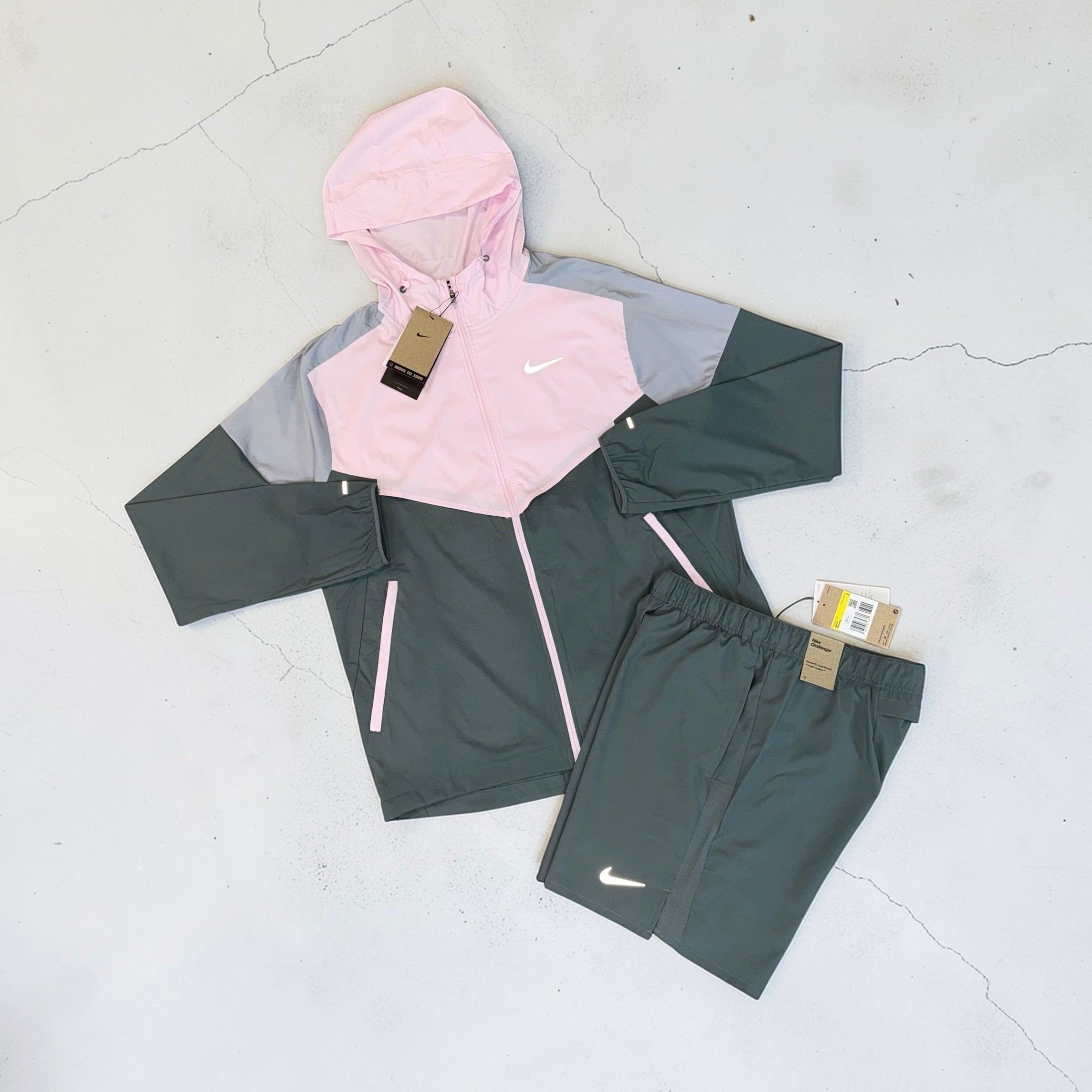 NIKE DRI-FIT WINDRUNNER AND CHALLENGER SHORTS SET - FOAM PINK / GREY