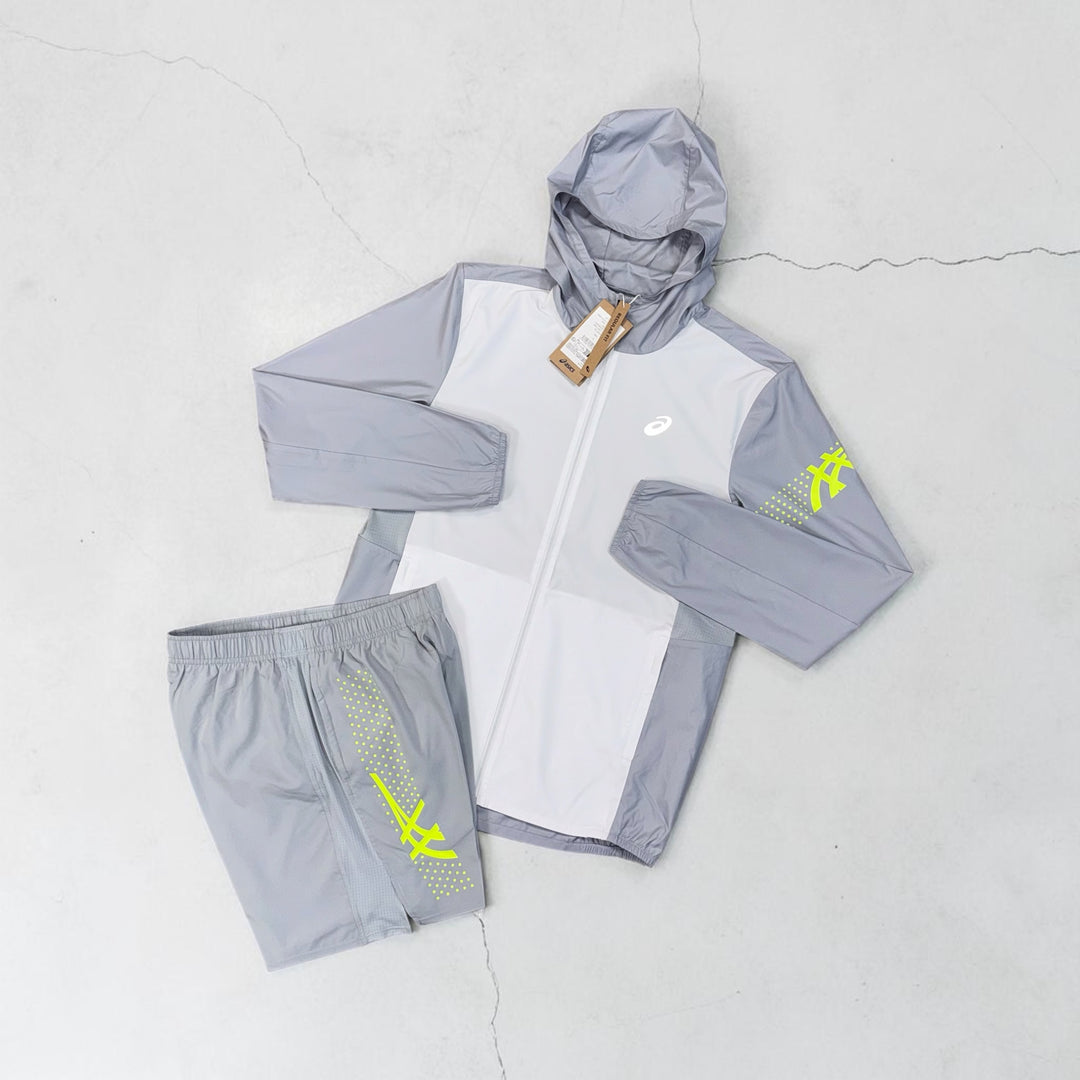 ASICS ICON WINDRUNNER AND ICON SHORTS SET - GREY / WHITE VOLT