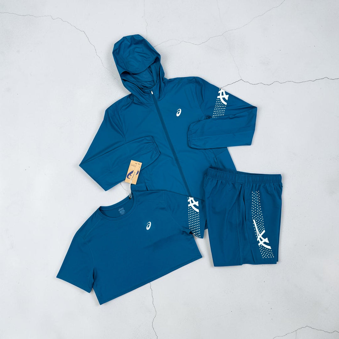 ASICS ICON WINDRUNNER, T-SHIRT AND SHORTS 3PC SET - BLUE TEAL